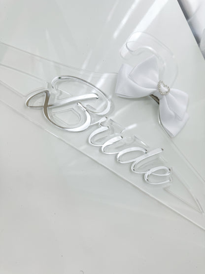 Custom Bride Acrylic Hanger with White Bow, Personalized Wedding Dress Hanger