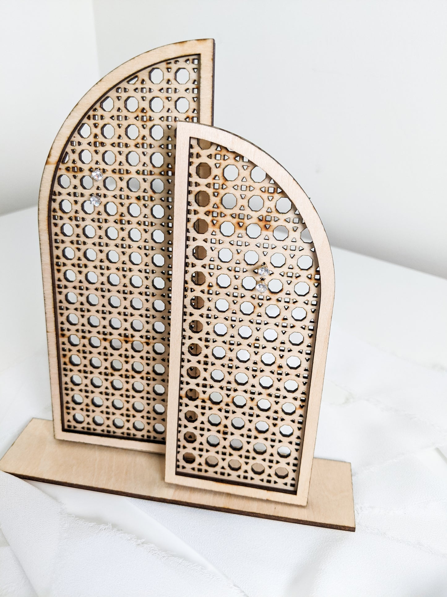 Wood and Rattan Arch Earring Holder, Boho Jewelry Organizer Stand for Studs and Dangles