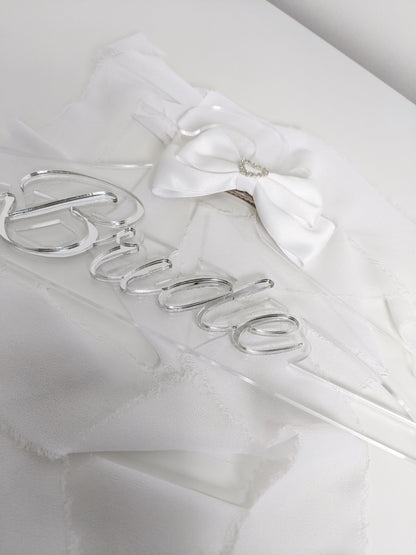 Custom Bride Acrylic Hanger with White Bow, Personalized Wedding Dress Hanger