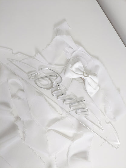 Custom Bride Acrylic Hanger with White Bow, Personalized Wedding Dress Hanger
