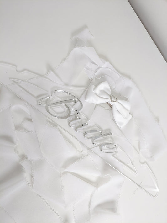 Custom Bride Acrylic Hanger with White Bow, Personalized Wedding Dress Hanger