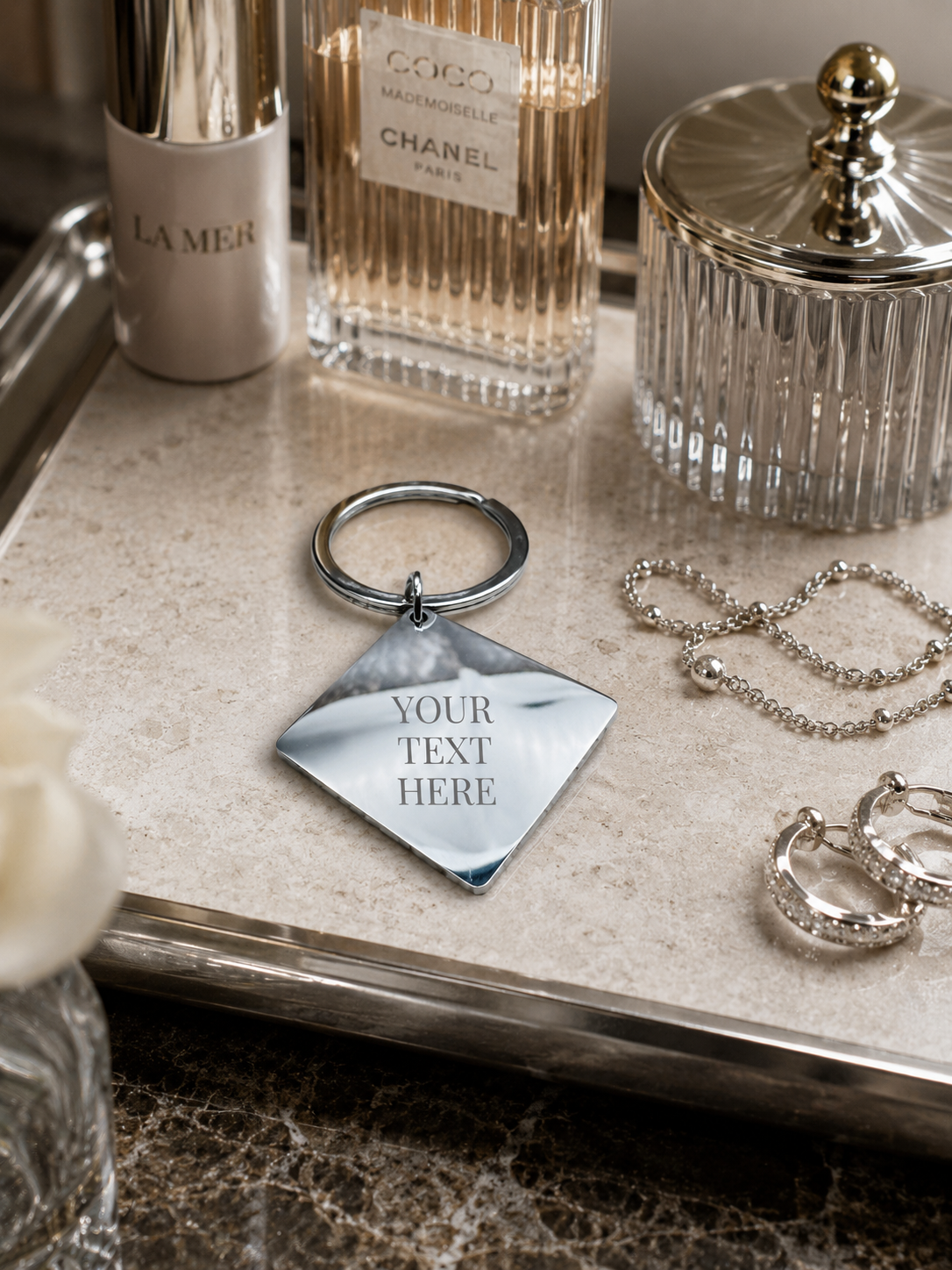 The Diamond Signature Keychain, Custom Engraved Diamond Keychain with Name or Photo