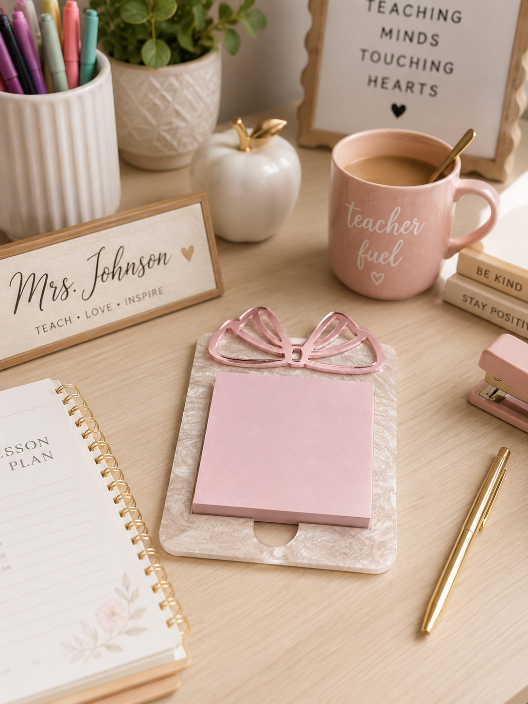 Personalized Acrylic Bow Post-It Note Holder, Desk Organizer, Teacher Gift
