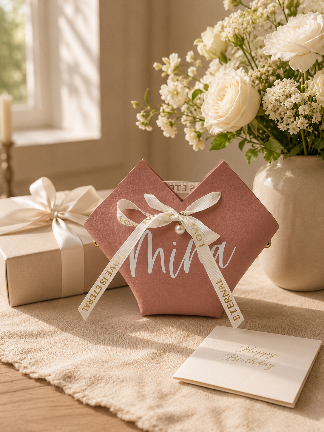 Personalized Pink Gift Bag, Custom Name Drawstring Gift Pouch