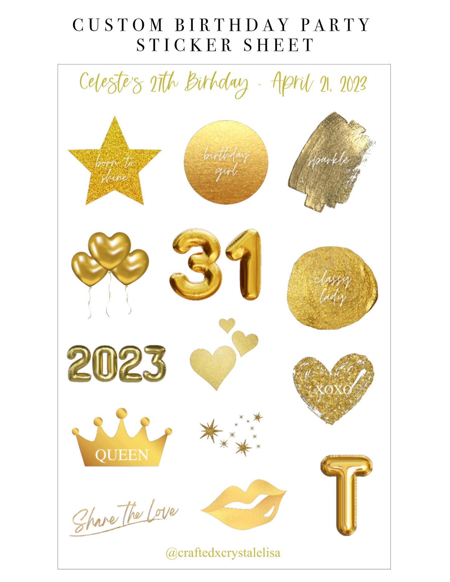 Custom Gold Birthday Sticker Sheet