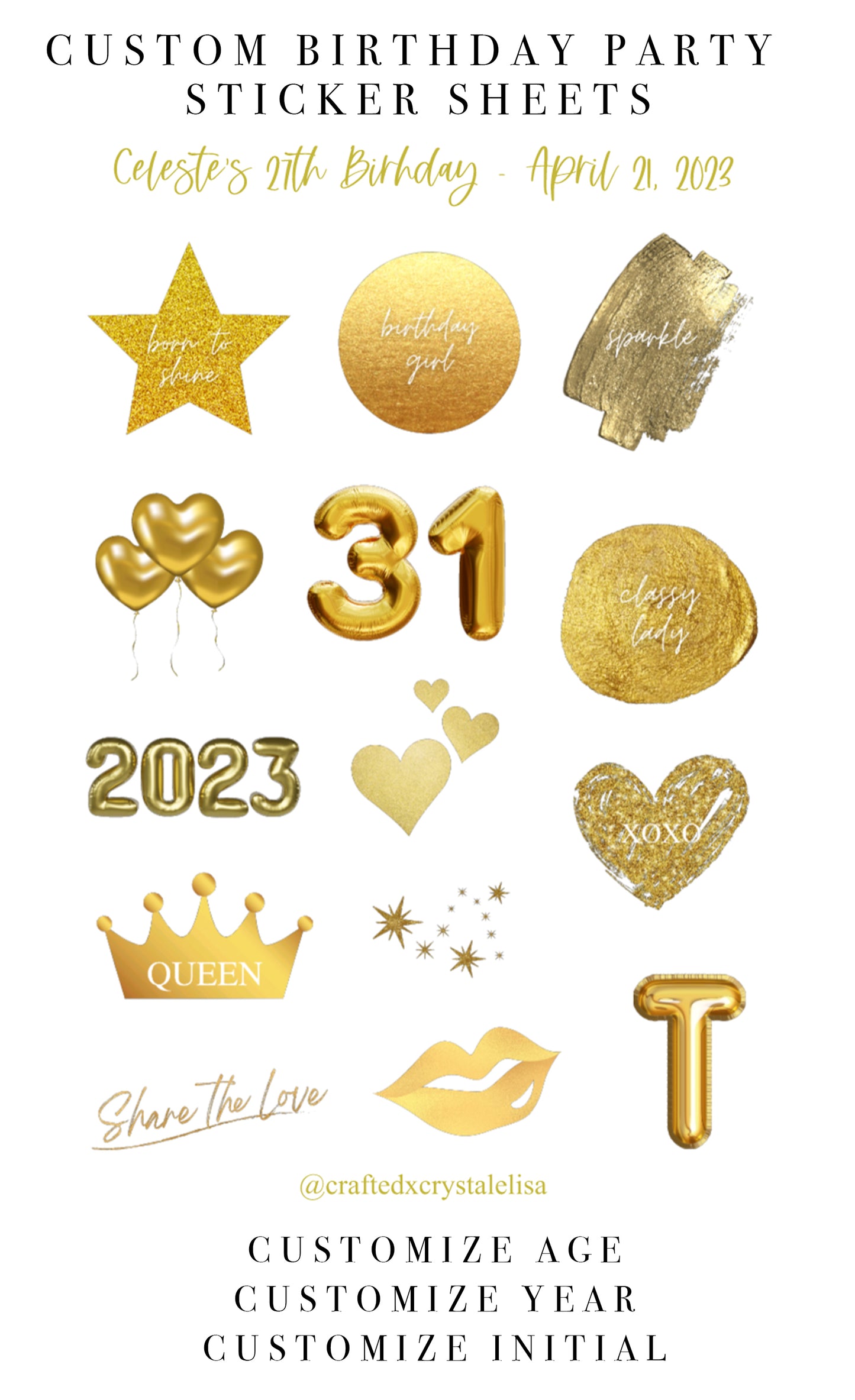 Custom Gold Birthday Sticker Sheet