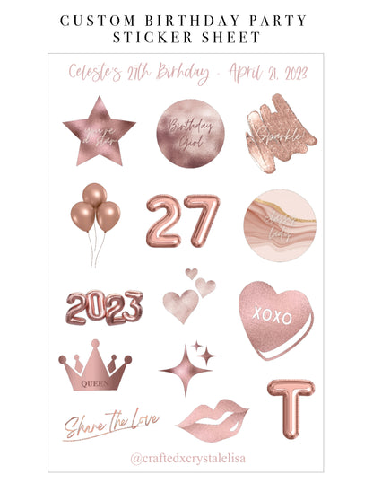 Custom Rose Gold Birthday Sticker Sheet