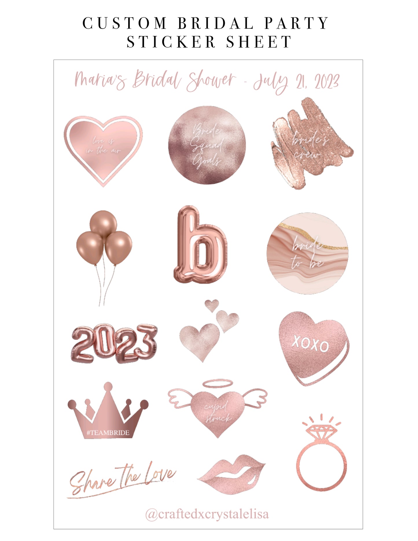 Custom Rose Gold Bridal Party Sticker Sheet