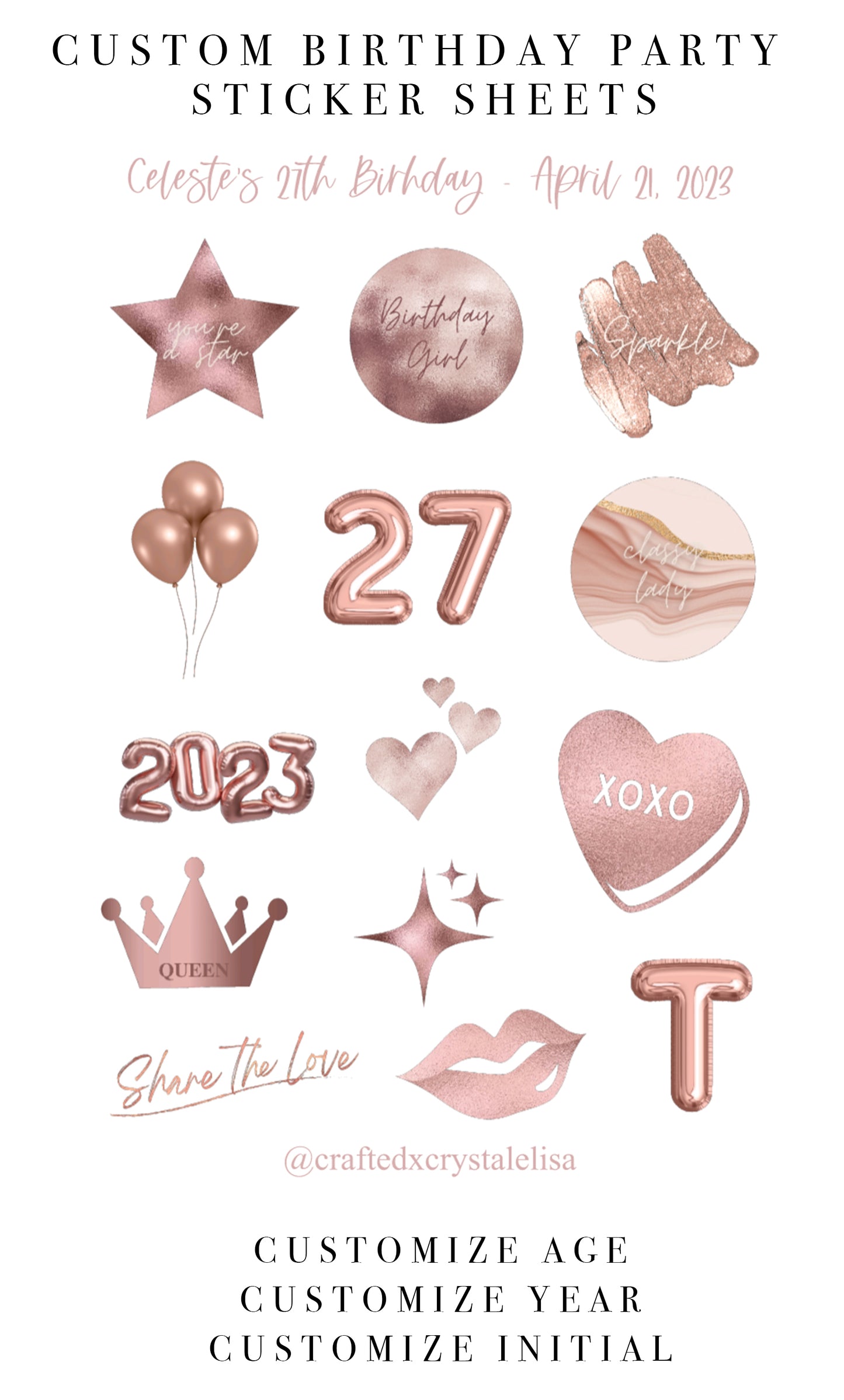 Custom Rose Gold Birthday Sticker Sheet