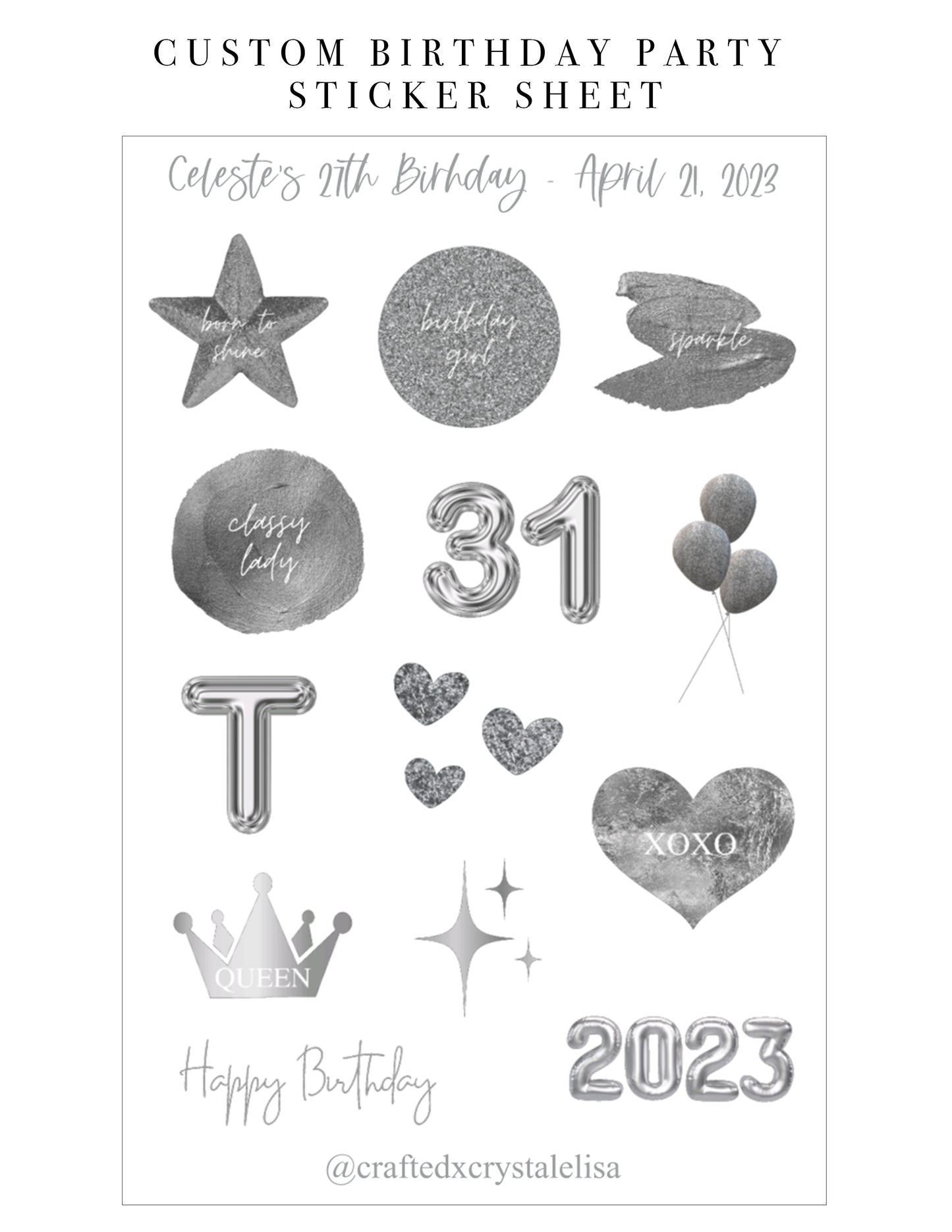 Custom Silver Birthday Sticker Sheet