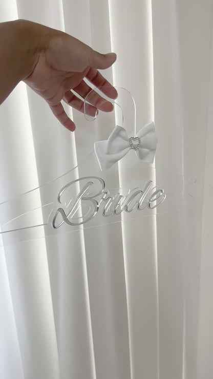 Custom Bride Acrylic Hanger with White Bow, Personalized Wedding Dress Hanger